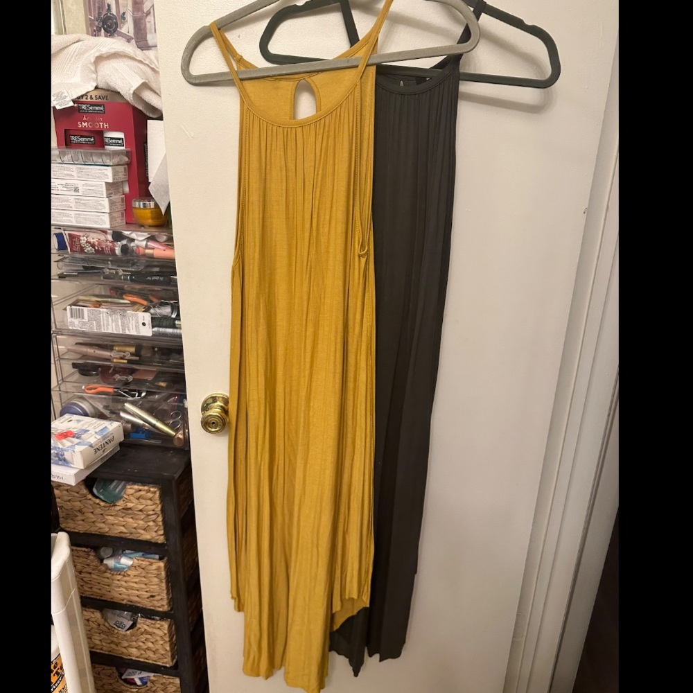 Mustard yellow and olive green dresses. Size small. Can be tied up on the side.